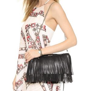 Rebecca Minkoff Black Leather Fringe Bag Silver Strap & Zipper Closure Handbag